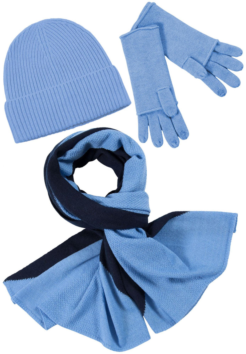 Kaschmir-M&#252;tze, hoch, Handschuh + Schal mit geometrischem Muster - Himmelblau Gutschein Coupon